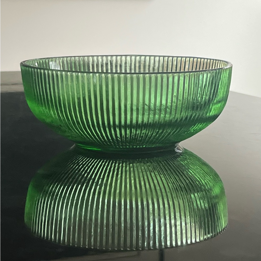 vintage MCM green ribbed glass bowl E.O. Brody Co. of Cleveland, Ohio